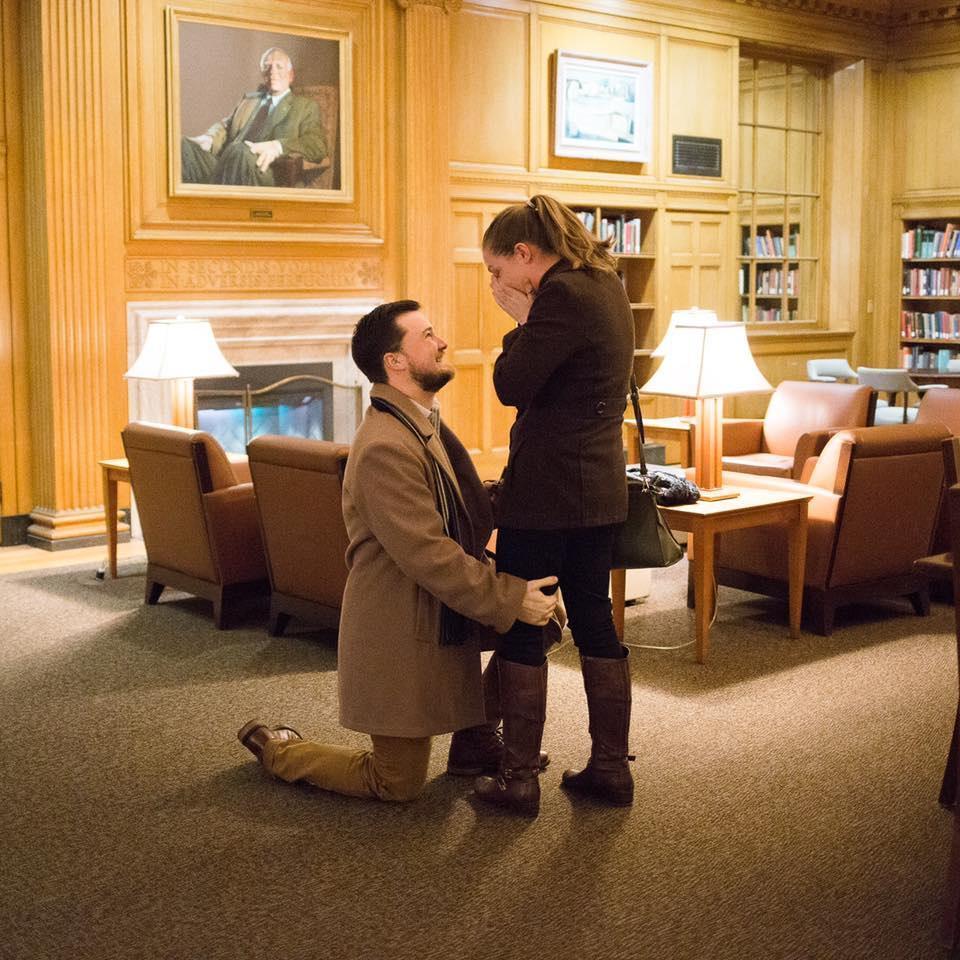 The proposal Vinny surprised Clare by telling her they were going to an alumni event on the University of Rochester campus. instead, he took Clare into a private library room and got down on one knee.