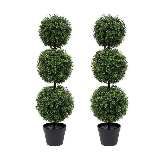 momoplant Artificial Topiary Ball Tree - 38 inch Triple Topiaries Boxwood Greenery Plant 【 2 Pack 】 Outdoor Lifelike with Black Pot