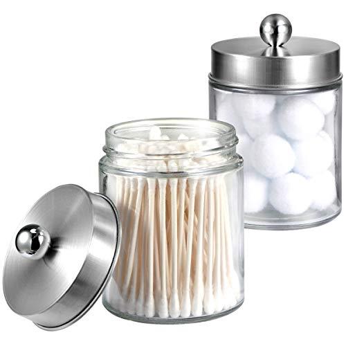 Apothecary Jars Bathroom Vanity Organizer -Countertop Canister Jar with Storage Lid - Qtip Dispenser Holder Glass for Qtips,Cotton Swabs,Makeup Sponges,Hair Band - Brushed Nickel (2 Pack)