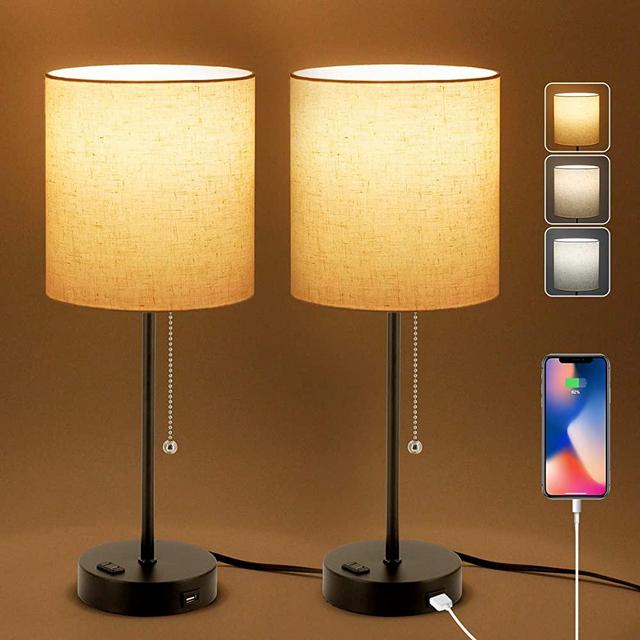 USB Bedside Table Lamp, 2700K-5000K Nightstand Lamp with Pull Chain, Table Lamp Set of 2 with USB Port & AC Outlet, Lamps for Bedrooms Living Room, 2 Bulbs Included,Beige Shade,2PK,Black