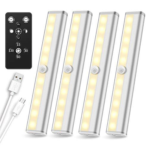 Under Cabinet Lighting Remote Control, SZOKLED Rechargeable LED Closet Light, Wireless Under Counter Lighting Dimmable LED Strip Lights Bar for Closets Hallway Stairway, Warm White, 4-Pack