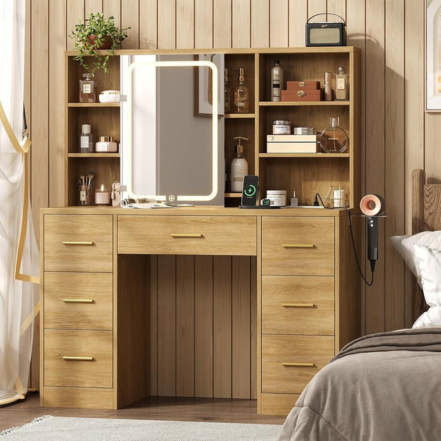 47'' W Large Vanity Desk with Mirror and Lights, 8 Storage Shelves 7 Drawers Vanity Table, Big Makeup Vanity Desk with 3 Lighting Modes, Vanity Dresser with Charging Station, Sliding Mirror (Natural)