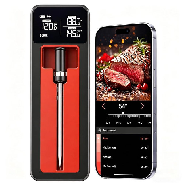 QUICKHORSE Smart Wireless Meat Thermometer IP67 Ultra-Thin Probe ±0.5℉ Accuracy Bluetooth 230ft Real-Time Monitoring & Smart Alerts with APP Standalone Display Base for BBQ, Oven, Kitchen,Grill,Smoker