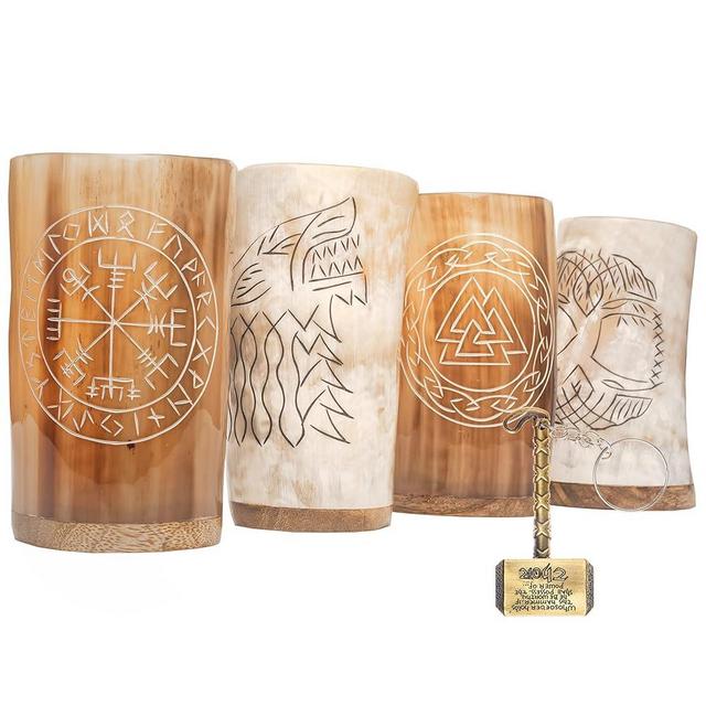 Trondebal Viking Drinking Horn Mugs Set of 4, Natural Ox Horn Shot Glasses | 10 oz Cool Unique Tumbler, Beer Gift for Men and Women, Handmade Goblet| Medieval Stein for Ale, Mead, Whiskey
