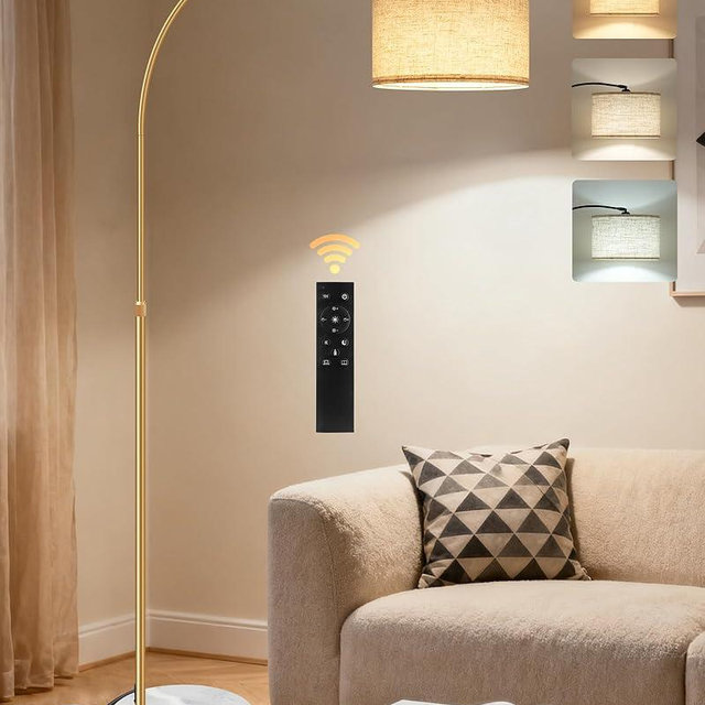 75" Arc Floor Lamp with Marble Base and Adjustable Height, Rotating Hanging Shade, Dimmable Gold Floor Lamp for Living Room with Remote and Foot Switch, 3 Color Temperatures, Timer, DE15LD05