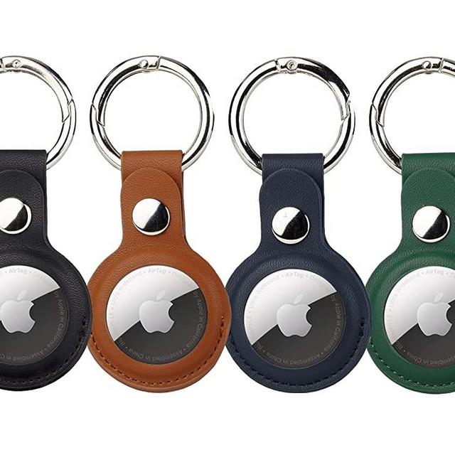 ONEJIE Air Tag Keychain 4 Pack for Apple Airtags, Abrasion-Resistant Protective Leather Airtag Case Tracker Cover with Air Tag Holder, Shockproof Airtag Key Ring for Dog Collar, Kids Backpack