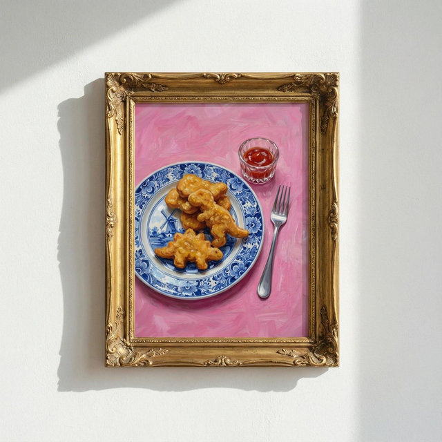 Dino Nugget & Fine China Oil Painting Art Print: Funny Kitchen Decor, Blue and White Delft, Dopamine Decor
