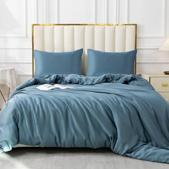 GOKOTTA Duvet Cover Queen Size, Rayon Made from Bamboo, Soft Duvet Cover Set 3 Piece with Button Closure, 1 Duvet Cover 90 x 92 Inches with Corner Ties and 2 Envelope Pillow Shams(Blue,Queen)