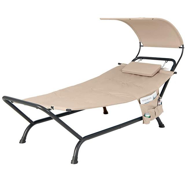 Giantex Hanging Hammock with Stand, Patio Hanging Chaise Lounge Chair w/Canopy, Cushion, Pillow & Storage Bag, Heavy Duty Swing Hammock Bed for Garden Lawn Backyard Patio Poolside Porch (Beige)