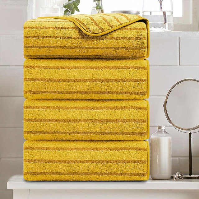 4 Pcs Yellow Cabana Stripe Large Bath Towels 35"x70" Oversized Bath Sheet Super Soft Breathable Jumbo Bathroom Towels Highly Absorbent Shower Towel Quick Dry Beach Chair Towel Spa Gym Hotel Towel Set