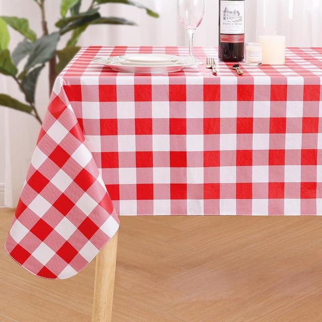 misaya Rectangle Waterproof Vinyl Table Cloth, Buffalo Flannel Backed Tablecloth, Wipeable Plastic Table Cover for Dinner, Kitchen, Outdoor (60" x 84", Red and White)