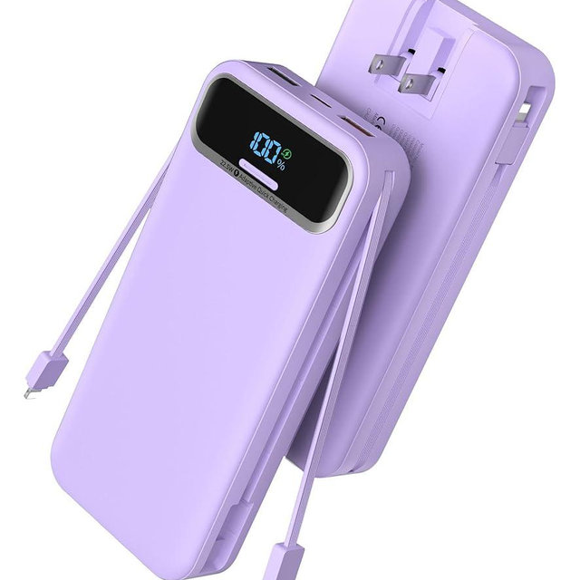 Portable Charger, 20000mAh 22.5W Fast Charging Power Bank with Built-in Cables & Wall Plug, Travel Essential External Battery Pack with LED Display, USB C Battery Phone Charger for iPhone iPad Purple