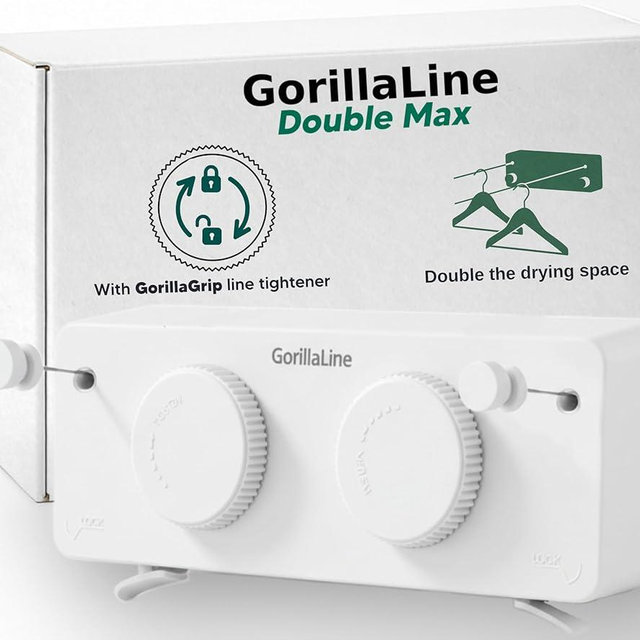 GorillaLine Max - Retractable Clothesline Indoor Outdoor Clothes Line - Heavy Duty Clothes Drying Laundry Line - Wall Mounted Drying Rack - Air Dry Clothing - Max Tighten with GorillaGrip