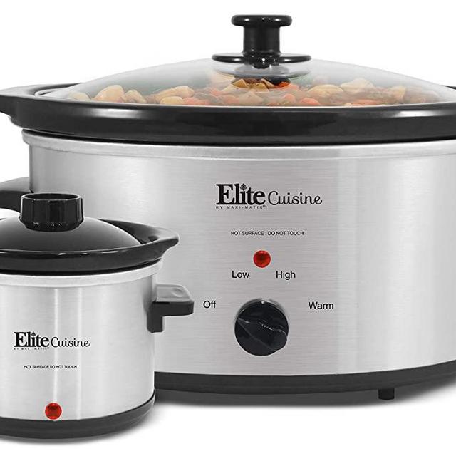 Elite Gourmet MST-500D Maxi-Matic 5-Quart Slow Cooker with 0.75-Quart Dipper, Temperature Settings, Tempered Glass Lid, Entertain, Potluck, Holidays, Tail-Gate, Stainless Steel