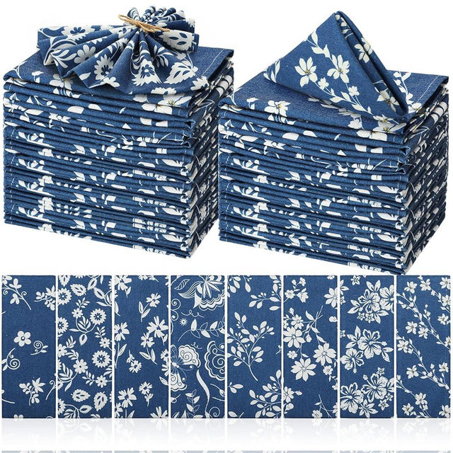 24 Pcs Navy Blue Cloth Napkins Blue and White Floral Butterfly Reusable Napkin Country French Toilet Dinner Napkin Soft Absorbent Napkin Everyday Spring Summer Fall Christmas for Holiday Par