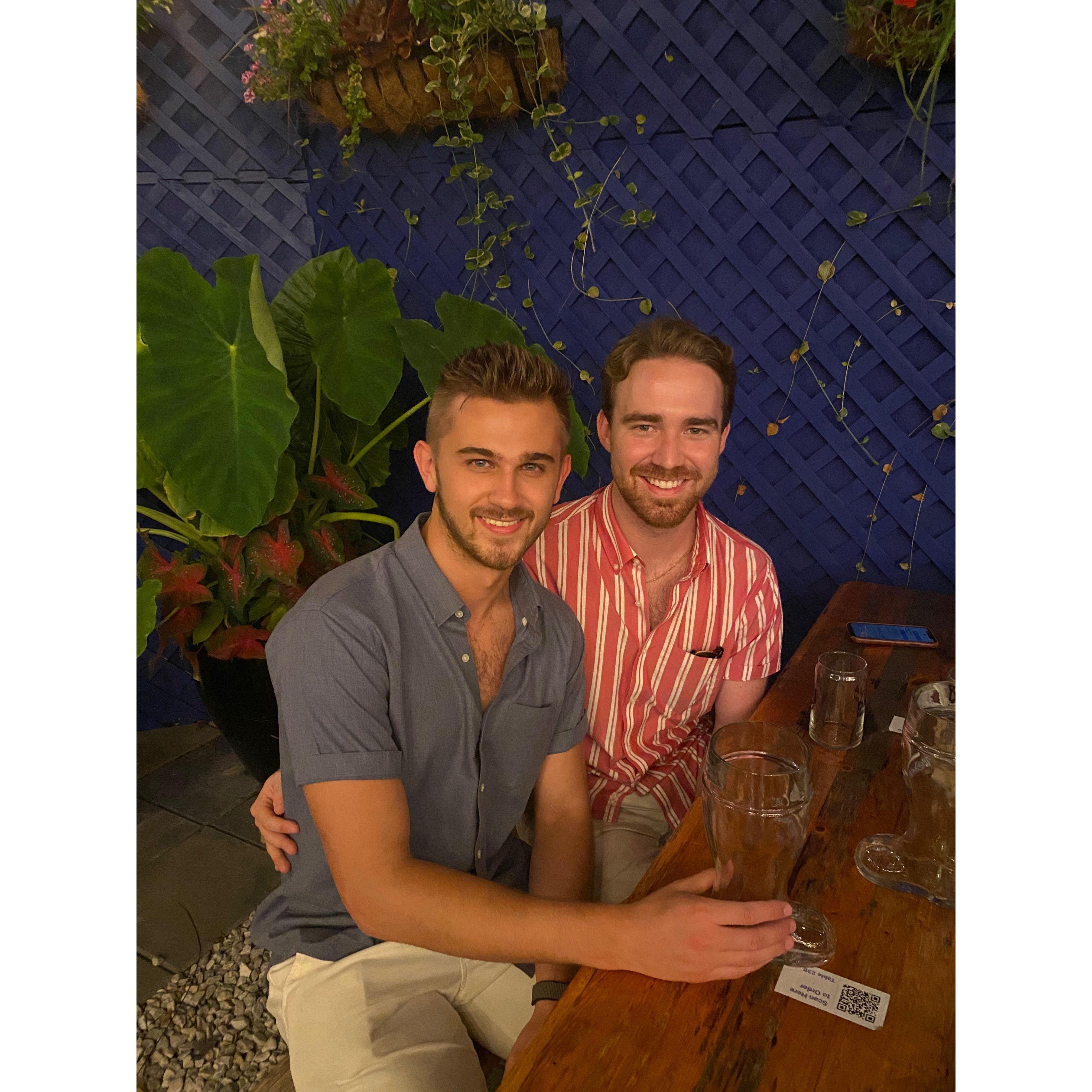 August: This is Connor and Michael's first picture together, taken August 1 2020. This was the first time since meeting that the two could join their friends for a drink outside due to the pandemic.