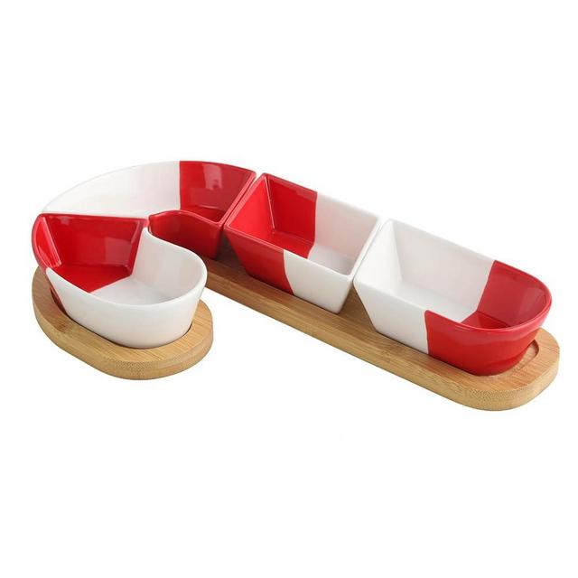 Feenmai Christmas Serving Platter Ceramic Snack Tray Cane Serving Tray with Wooden Plates Candy Bowls Dishes Chip Nuts Fruit Tray Desserts Platter Appetizers Serving Tray Decoration for Xmas
