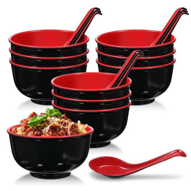 Nodaaiie 10 Pack Miso Soup Bowl Set with Spoons, 16 Oz Unbreakable Melamine Japanese Ramen Bowls, BPA-Free, Dishwasher Safe, for Udon, Pho, Salad, and Cereal