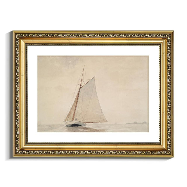 VIYYIEA Gold Framed Wall Art Canvas Print Home Decor for Living Room White Sailboat Seascape Watercolor Vintage Beach Painting on Canvas - Coastal Wall Art Prints for Bedroom Office Bathroom 11x14in