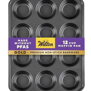 Wilton Gold Non-Stick Bakeware Muffin Pan - Baking Pan for Muffins & Cupcakes - Made Without PFAS, Dent Resistant & Dishwasher Friendly - Offers Even Heat Distribution - 10.5 x 15 x 2 Inches, 12 Cup