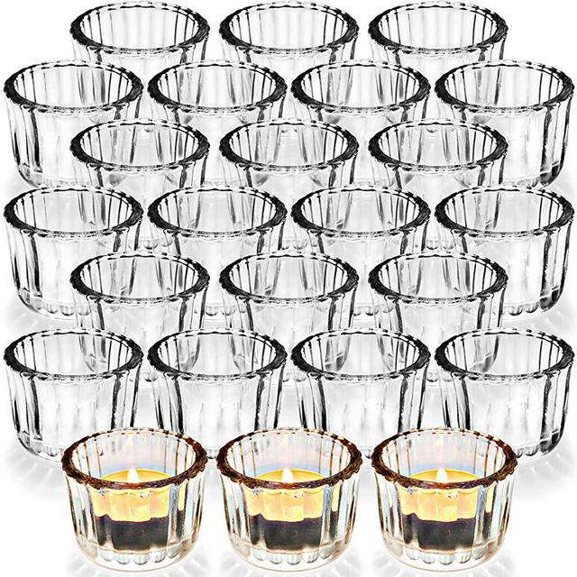 WDHODEC Glass Tealight Candle Holders Clear Set of 24, Votive Candle Holders for Weeding, Birthday Party Decoration