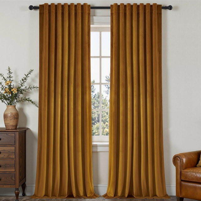 Velvet 100% Blackout Curtains 90 Inches Long, Back Tab Hooks Drapes,Room Darking Thermal Insulated Drapes 2 Panels Gold