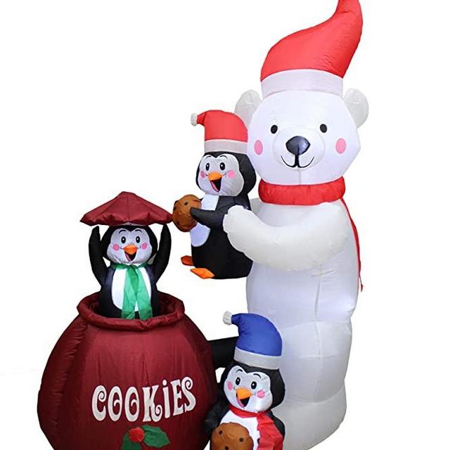Animated 6 Foot Tall Christmas Inflatable Polar Bear and Three Penguins Cookies Jar Cute Lights Lighted Blowup Party Decoration for Outdoor Indoor Home Garden Family Prop Yard with Motion