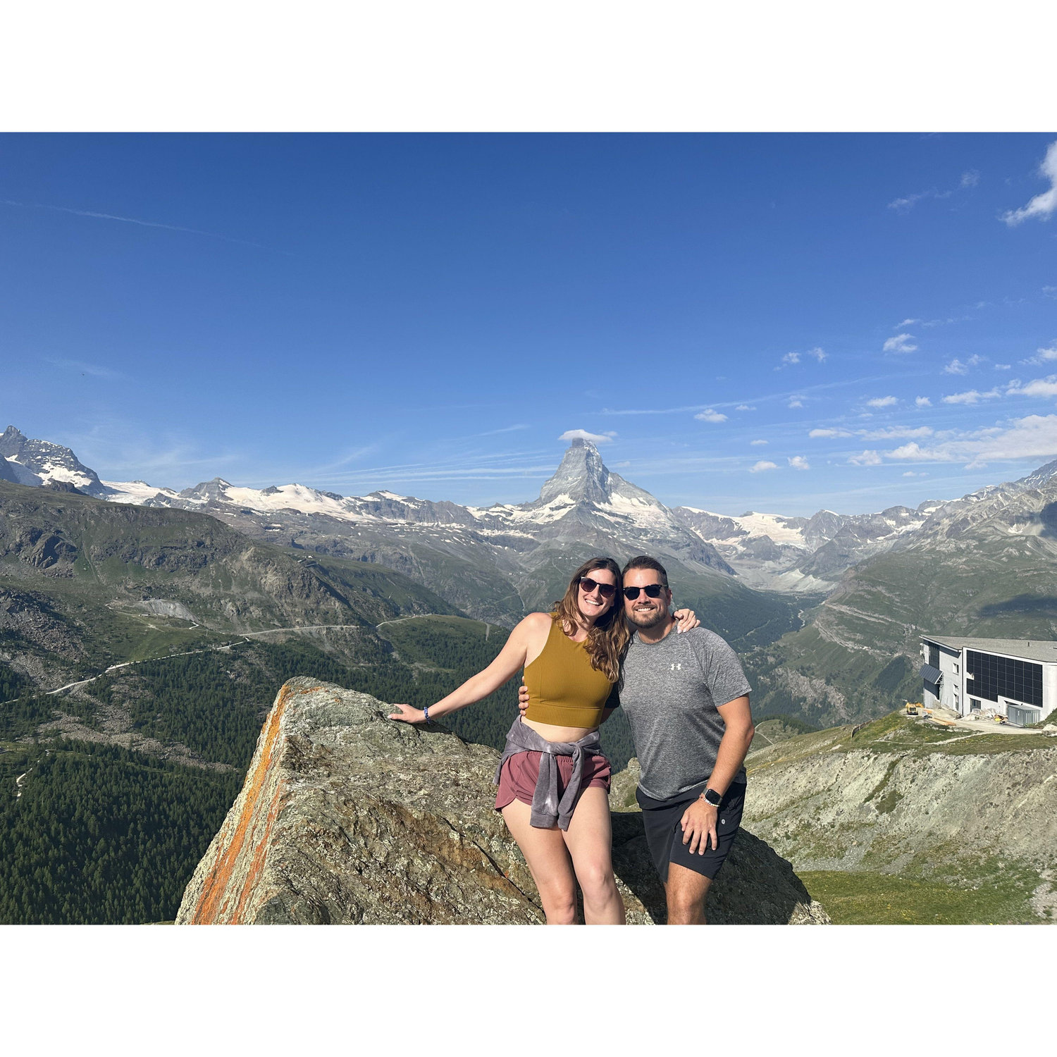 Kris all cool as a cucumber before our engagement hike on the 5 Lakes Trail in Zermatt, Switzerland. That’s the epic Matterhorn - the tallest peak in Europe!
