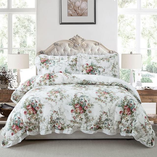 ZJZC Art 100% Cotton Duvet Cover Set, Shabby Rose Printed Ruffled Duvet CoverBreathable, Durable, Soft and Comfortable (Retro, Queen)