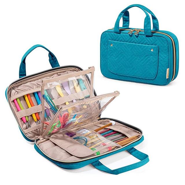 YARWO Knitting Needles Case (up to 10.6"), Crochet Hooks Organizer with Double Handle for Circular Knitting Needles and Knitting Accessories, Teal (Bag Only)