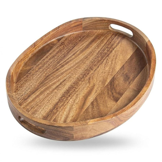 Acacia Wood Decorative Ottoman Tray Large Round Oval Wooden Serving Tray with Handles for Coffee Table, Living Room Decor, Rustic Farmhouse, Kitchen Counter, Breakfast in Bed & Candle Display