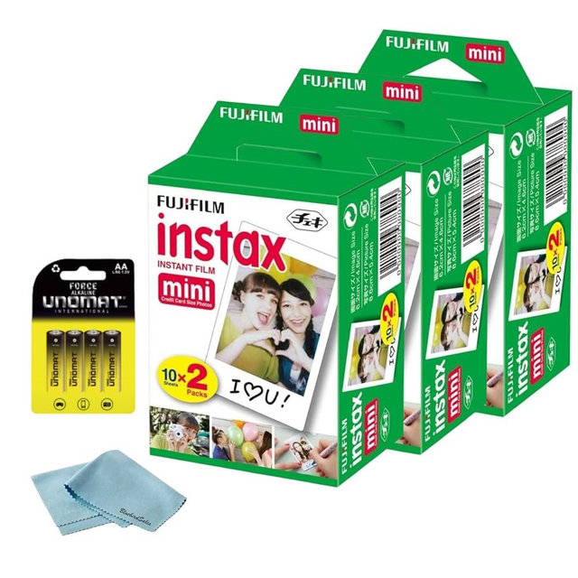 Fujifilm Instax Mini Instant Film, 60 Shots (10 Sheets x 6) – Capture Memories Anytime, Anywhere + BluebirdSales Premium Cleaning Cloth & 8 AA Batteries