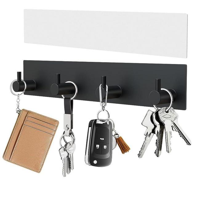 VIS'V Key Holder for Wall, Matte Black Self Adhesive Key Hanger Small Metal Key Rail with 4 Key Hooks Wall Mounted Key Rack Organizer with Extra Adhesive for Entryway Hallway Doorway