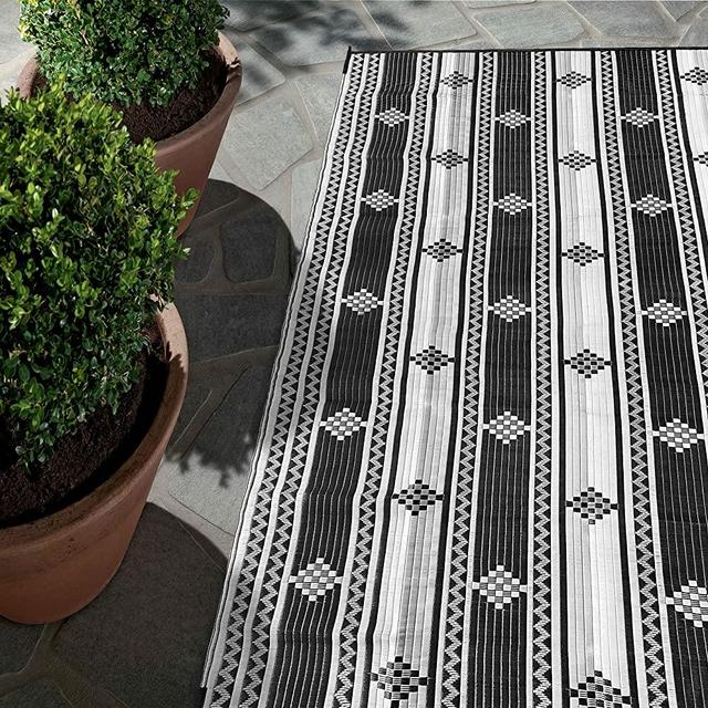 Reversible Waterproof Outdoor Rug for Patio Decor – 6’ x 9’ Gray & Black – Polypropylene Straw Mat for Camping, RV, Trailer, Indoor, Terrace, Deck, Backyard & Garden – Large Modern Area by LUOMU RUGS
