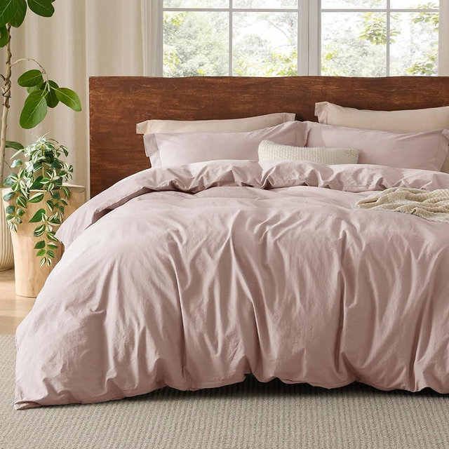 Bedsure 100% Washed Cotton Duvet Cover King Size - Petal Pink Minimalist Cotton Duvet Cover Linen Like - 3 Pieces GentleSoft™ Plain Simple Bedding Set with 2 Pillow Shams (Petal Pink, King, 104"x90")
