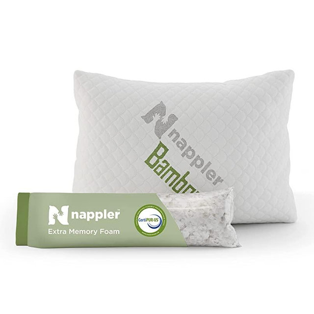 Nappler Bamboo Pillow Standard Premium - Supportive Breathable Adjustable Shredded Memory Foam - Medium to Firm Pillows for Back, Stomach & Side Sleepers