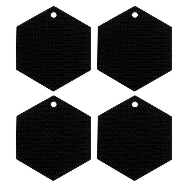 uxcell 4 Pcs Silicone Trivet Mats, Hexagon Silicone Pad Hot Pad Pan Protectors Table Protector Heat Resistant Mat for Countertop, Kitchen, Hot Dishes, Hot Pots and Pans, Black