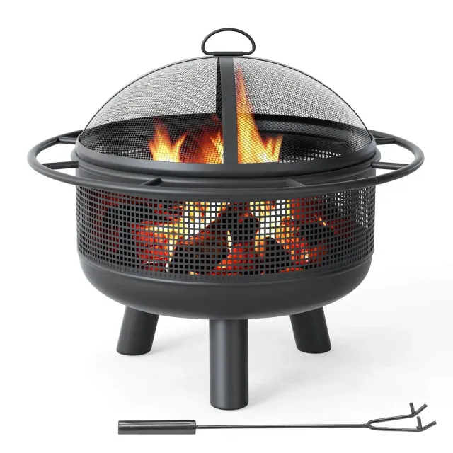 Costway 24” Heavy-Duty Wood Burning Fire Pit with Spark Screen, Poker, Log Grate for Patio