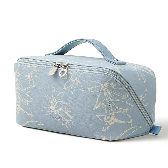 EACHY Travel Makeup Bag, Large Capacity Cosmetic Bags for Women, Waterproof Portable Pouch Open Flat Toiletry Bag Pattern Makeup Bag (F-Blue)