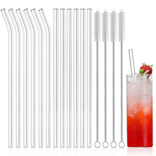 NETANY 12-Pack Reusable Glass Straws, Clear Glass Drinking Straw, 10''x10 MM, Set of 6 Straight and 6 Bent with 4 Cleaning Brushes - Perfect for Smoothies, Milkshakes, Tea, Juice - Dishwasher Safe