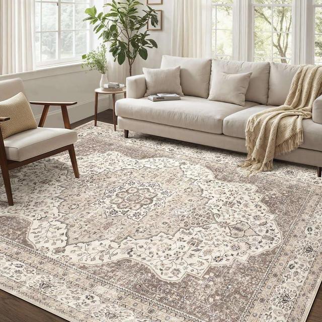 homewill Washable Rug 9x12 Area Rugs for Living Room Bedroom Dining Room Home Office Floor Decor -Stain & Fade Resistant Non Slip Backing Carpet,Ultra-Thin Vintage Large Area Rug (Brown/Beige,9'x12')