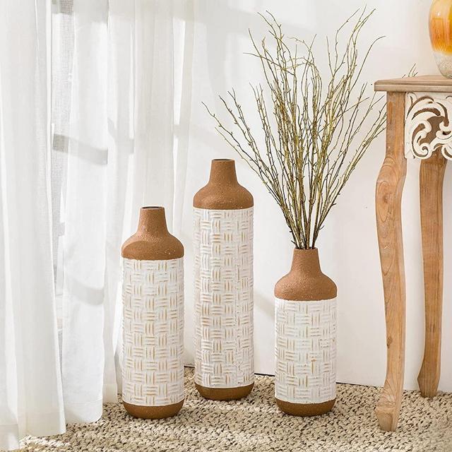 Floor Vase for Decor Set of 3 Tall Terra Cotta Texture Metal Flower Vase for Dried Artificial Flower Large Farmhouse Metal Vase for Centerpiece, Table, Kitchen, Living Room