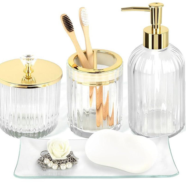 Designer Clear Glass Bathroom Accessories Sets - 4 Pcs with Lotion Soap Dispenser, Bathroom Toothbrush Holder, Vanity Tray, and Apothecary Jar, Vintage Bathroom Decor, Gift Countertop Organizer