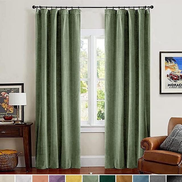 Lazzzy Velvet Blackout Curtains Green Thermal Insulated Drapes for Bedroom Living Room Darkening 108 Inches Extra Long Window Treatments Super Soft Luxury Rod Pocket 2 Panels Sage Green