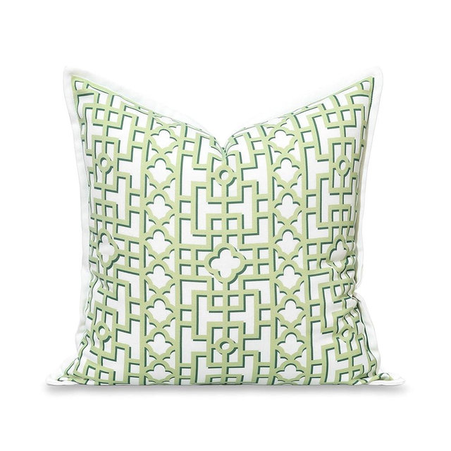 Hofdeco Premium Grandmillennial Coastal Hampton Patio Indoor Outdoor Throw Pillow Cover Only, 20"x20" Water Repellent for Backyard, Couch, Poolside, Grass Green Print Fretwork Trellised Screen
