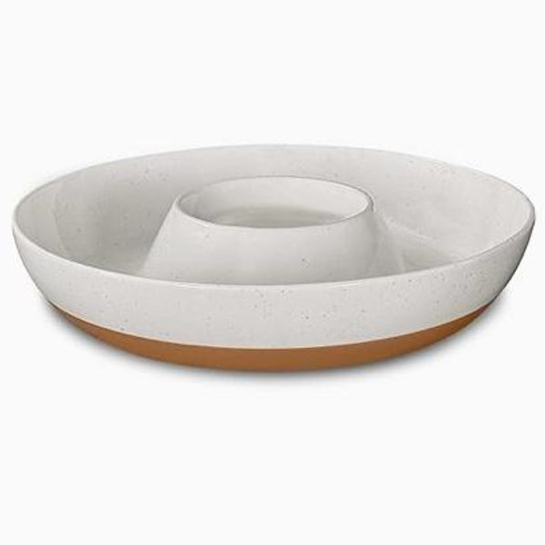 Mora Ceramic Chips and Dip Serving Tray: Large Divided Party Bowl Set for Chips & Salsa, Veggies & Dip, Fruit, Snacks, Entertaining, Hosting, etc. Minimalist Design for the Modern Hostess - White