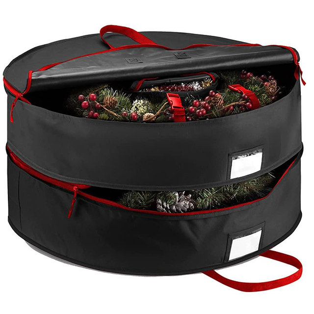 Double Premium Christmas Wreath Storage Bag 30”, With Compartment Organizers For Christmas Garlands & Durable Handles, Protect Artificial Wreaths - Holiday Xmas Bag Made of Tear-Proof 600D Oxford