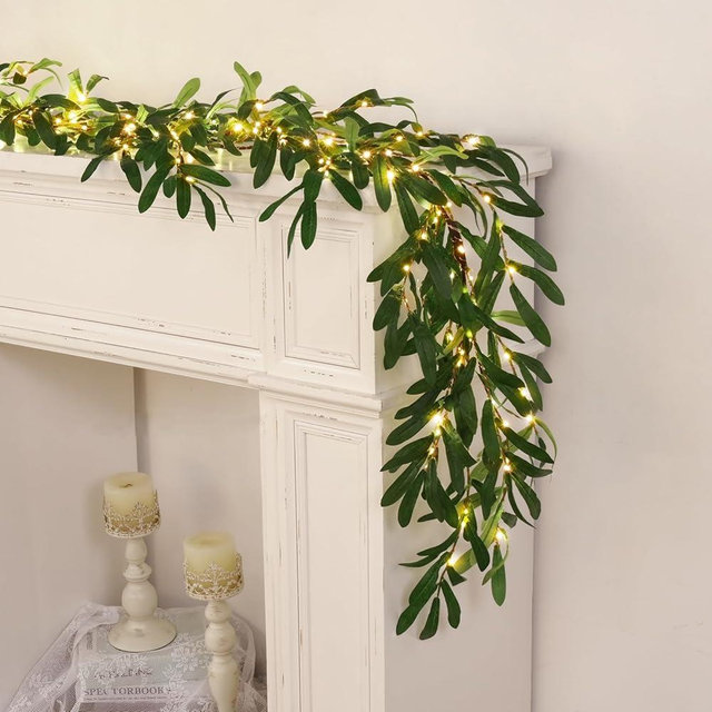 Waipfaru 2 Pcs Olive Garland with Lights, 6FT Prelit Christmas Garland with Timer, Artificial Christmas Greenery Twig for Mantle Fireplace Wedding Stairs Decor