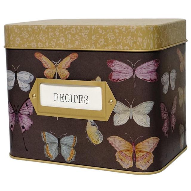 Fernweh4U Tin Recipe Box Butterfly Print - Includes 100 4X6 Cards, 12 Dividers - Beautiful Decorative Butterflies Decorative Tin Box Gift Set