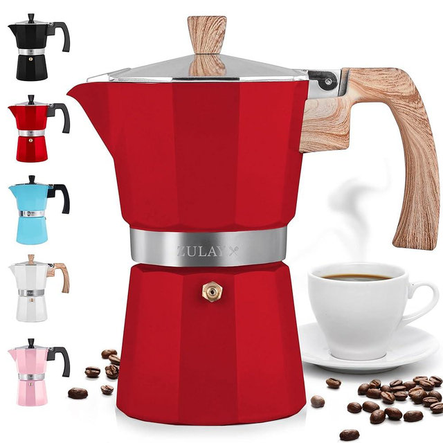 Zulay Kitchen Stovetop Espresso Maker - Moka Pot 6 Espresso Cups - Percolator Coffee Maker for Classic Cuban & Italian Style Espresso - Portable Coffee Maker for Camping & Travel - (Red)